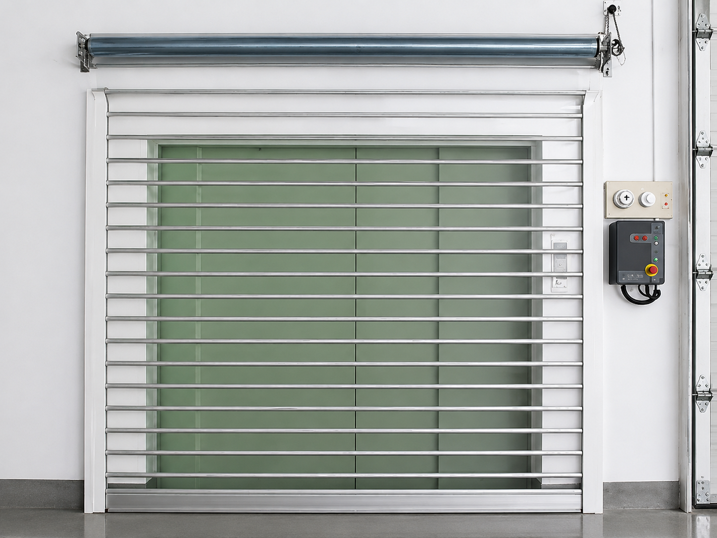 Polycarbonate shutter motorised drive and control installation — operational view